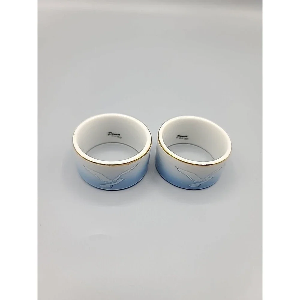 Vintage Penco Exclusive Seagull Porcelain Napkin Holder Blue Ombre Gold Rim Set